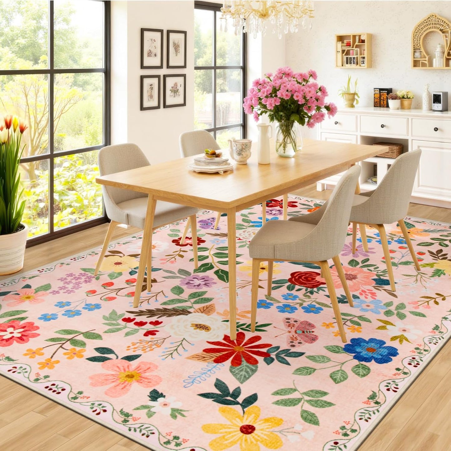 6x9 Area Rugs for Living Room: Floral Washable Rug Vintage Large Soft Boho Non-Slip Carpet Indoor Floor Stain Resistant Thin Carpets for Bedroom Dining Room Farmhouse Nursery Hallway Home Office Beige