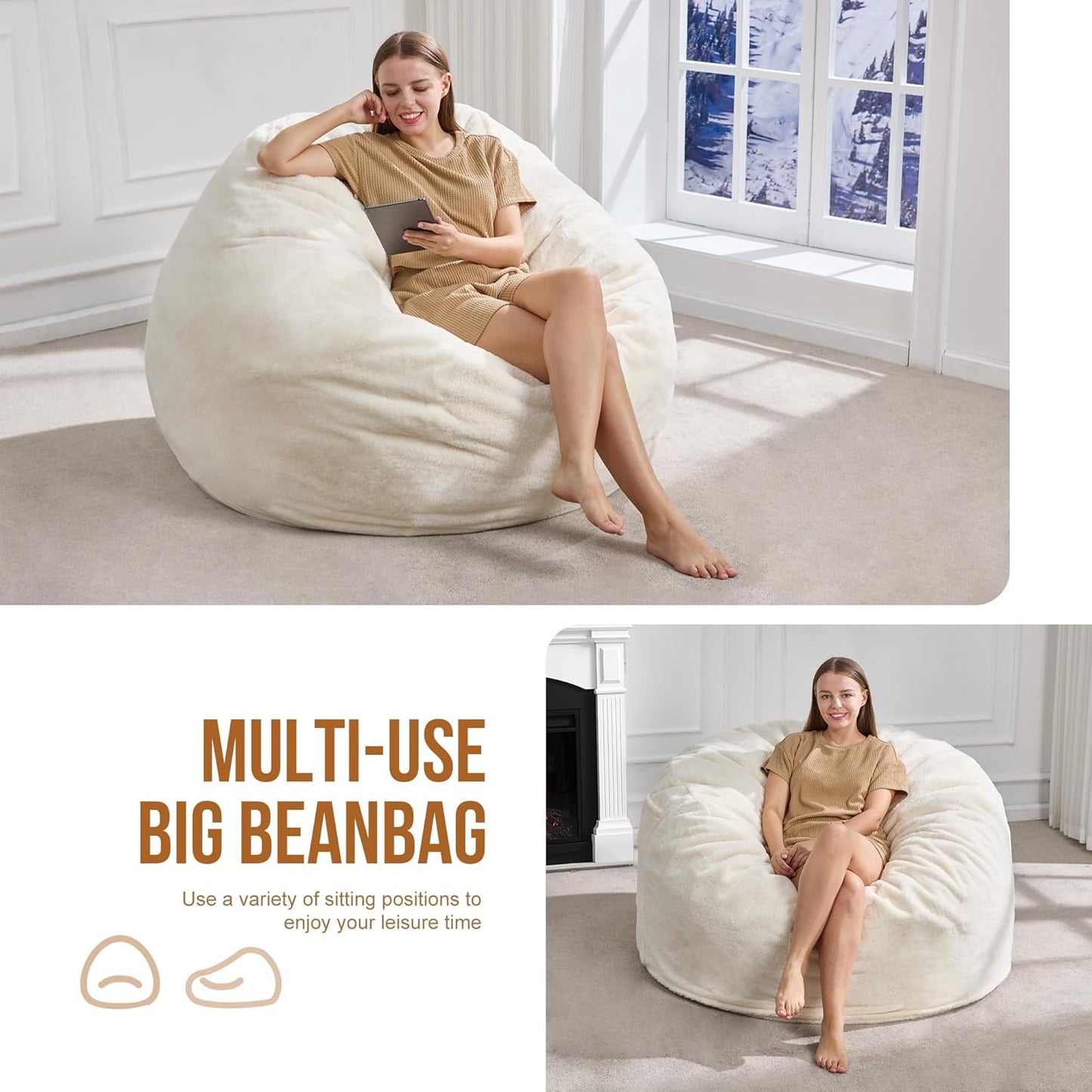Hobestluk 4FT Bean Bag Chairs for Adults Large Beanbag Chair with Plush Faux Fur Cover Big Bean Bag Chair for Living Room Bedroom Dorm Office - White (44” x 44” x 24”)