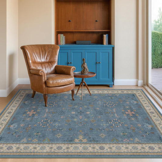 Washable 4x6 Small Rug for Living Room, Area Rug for Kitchen, Bedside, Large Entryway Indoor - Stain Resistant Non Slip with Rubber Backing, Unique Floral Aethestic Décor, Light Blue & Aqua