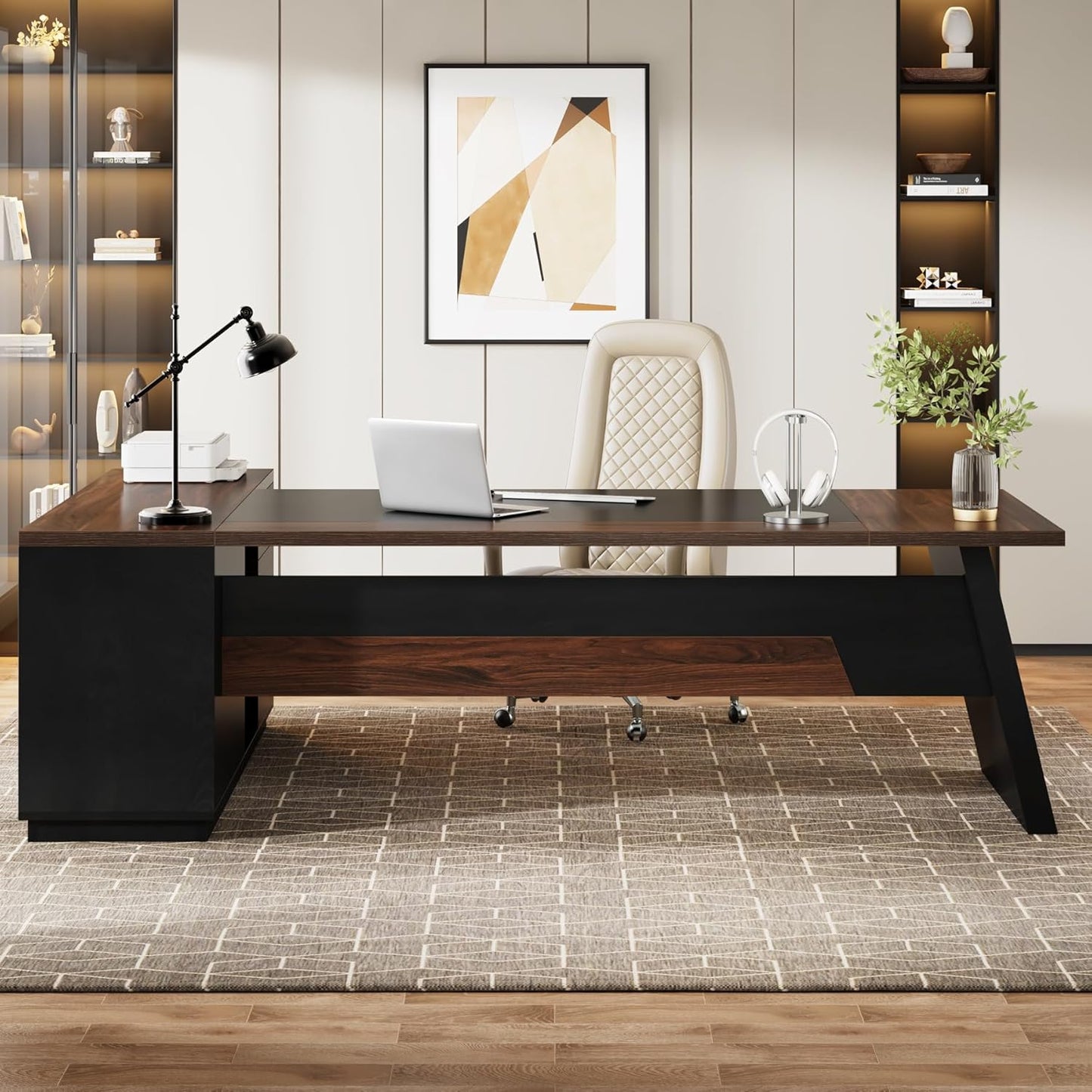 Tribesigns 78" L-Shaped Executive Desk, Large Office Desk with Drawers and Lateral File Cabinet, Business Furniture with Storage Shelves, Modern Computer Desk for Home Office, Walnut & Black