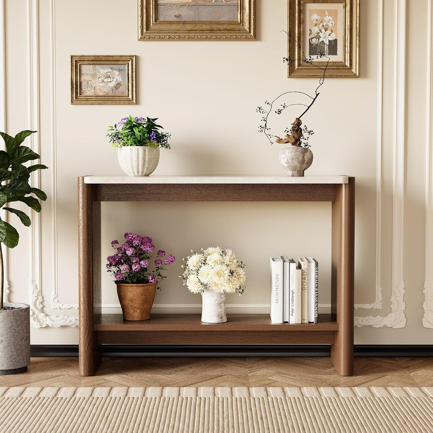 COSIEST 43.3" Farmhouse Console Table for Entryway, 2-Tier Sofa Table with Faux Stone Grain Top, Slim Accent Table for Hallway, Behind Couch, or Living Room, Brown Wood Look