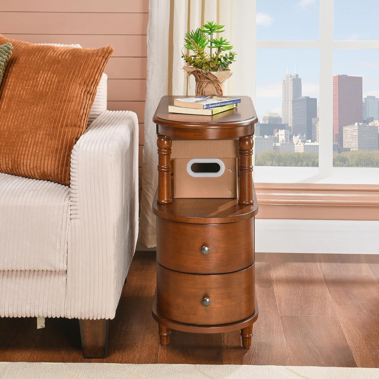 2 Set of Wood End Table with 2 Drawers and Storage Shelf, Narrow Sofa Side Table for Living Room, Vintage Slim Nightstand Bedside Table for Bedroom, Slim Chair Side Table Cherry Brown A508MG