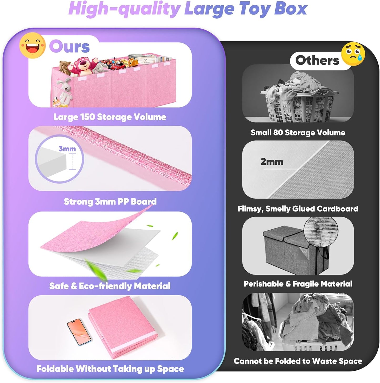 Extra Large Toy Box, Toybox for Kids Boys Girls, Collapsible Sturdy Toy Storage Organizer with Mesh Pockets, 40"x14"x16" Kids Storage Boxes Bins Baskets for Nursery, Playroom, Pink