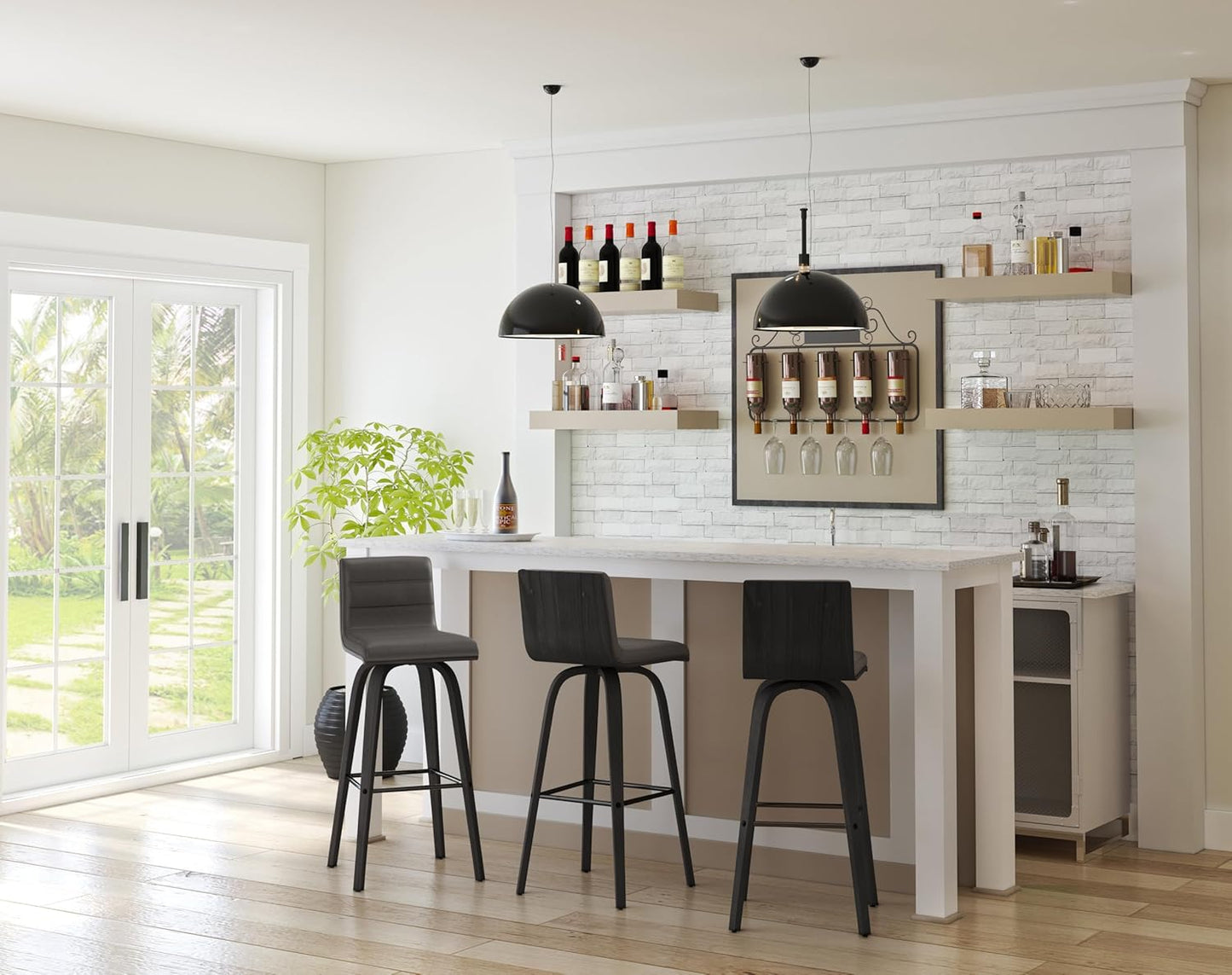 Armen Living size color options Vienna 30" Bar Height Barstool Brushed Wood Finish Faux Leather, Grey/Black