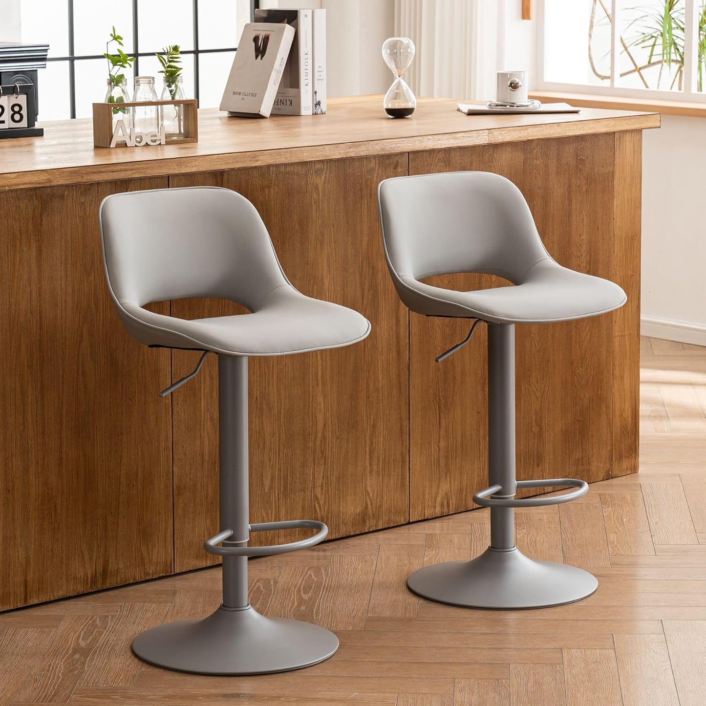 YOUNIKE Bar Stools Set of 2 All Grey Swivel Barstools, Adjustable Counter Height Bar Stools Faux Leather Upholstered Counter Stools with Hollow Back for Kitchen Island
