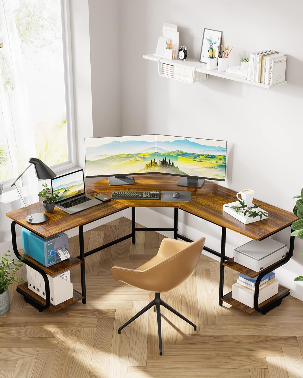 Teraves Modern L Shaped Desk with Shelves,64.84" Computer/Gaming Desk for Home Office,Corner Desk with Desktop (Teak+Black Frame, Large+4 Tier Shelves)
