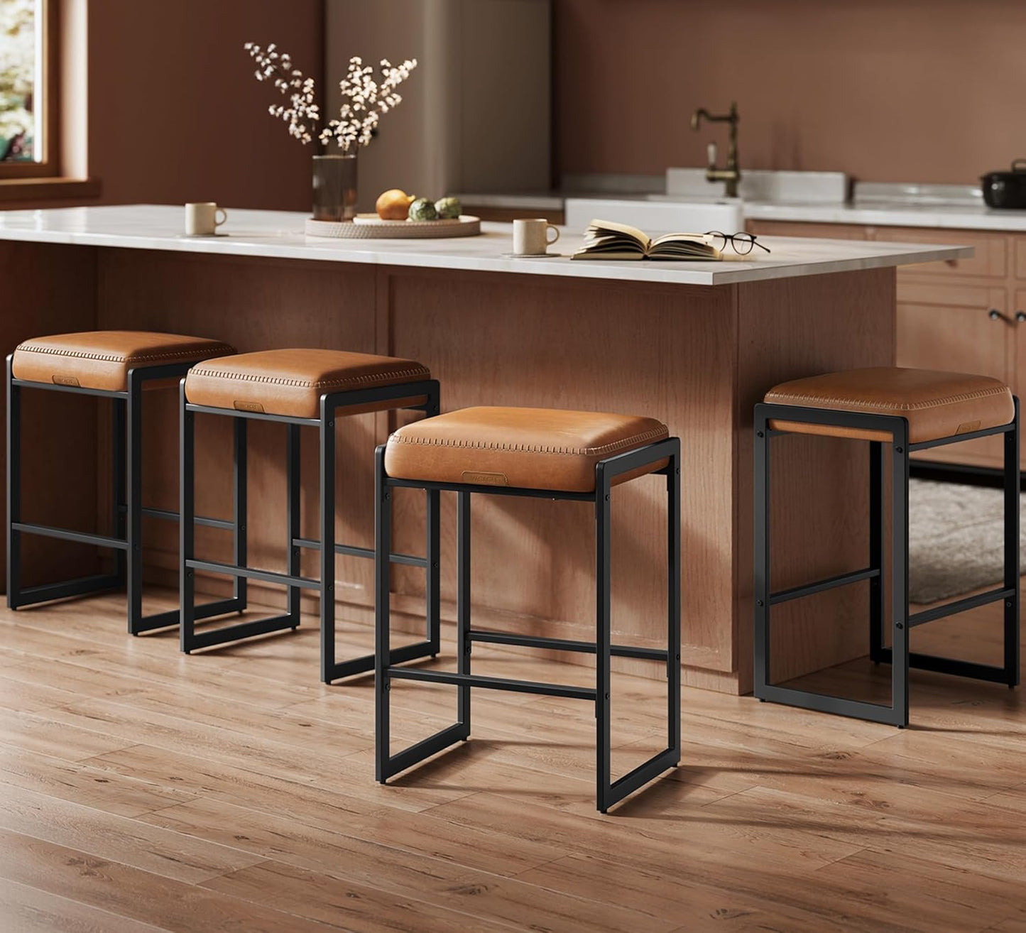 VASAGLE EKHO Collection - Bar Stools Set of 4, Counter Height Bar Stools, Synthetic Leather with Stitching, Mid-Century Modern Counter Stools, 26-Inch Tall, Kichen Home Bar Dining Room, Caramel Brown