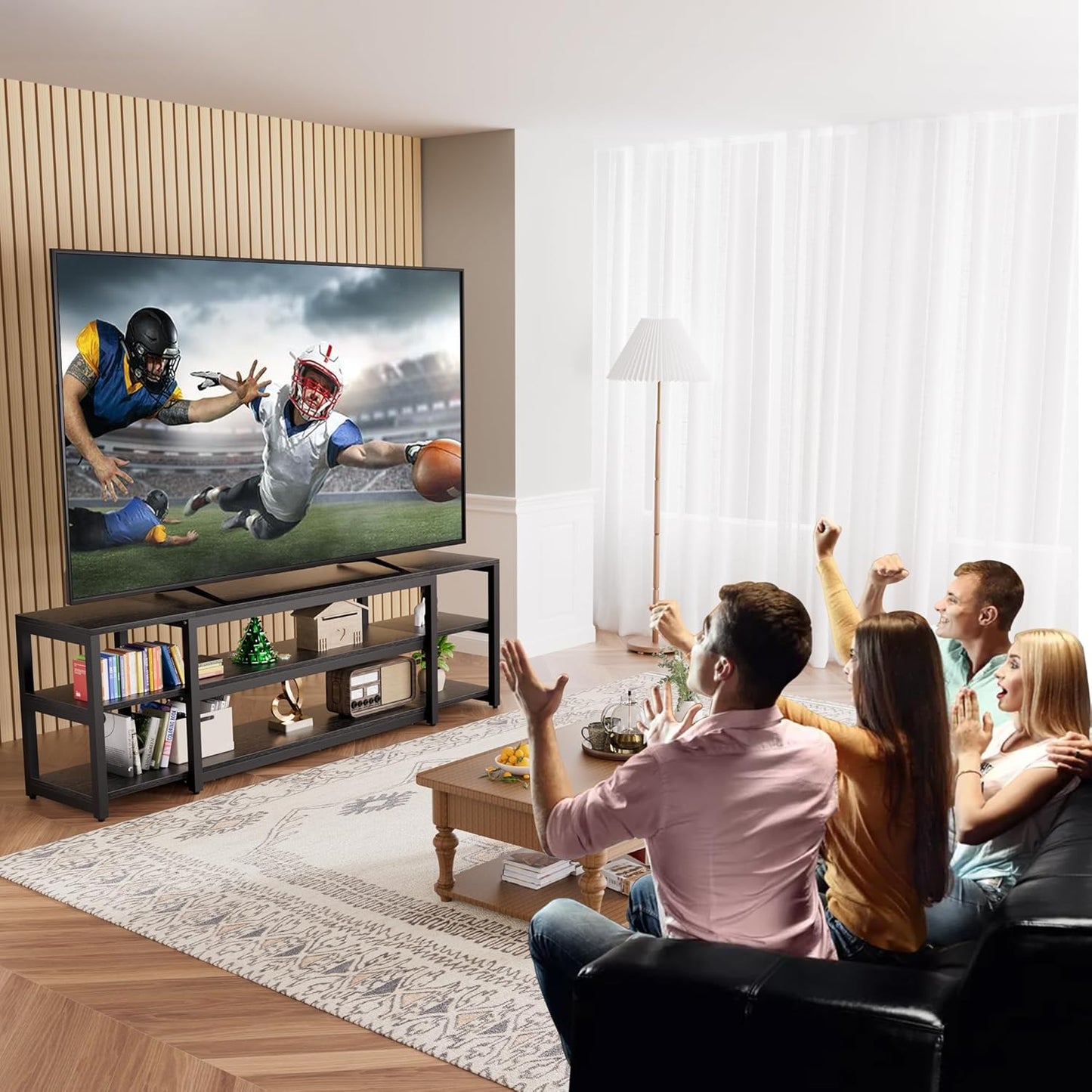 Aquzee 85 inch TV Stand, Entertainment Center for 70 75 80 85" TV, 75.2" Wide Wood Television Console Table for Living Room Bedroom Gaming Room, Black