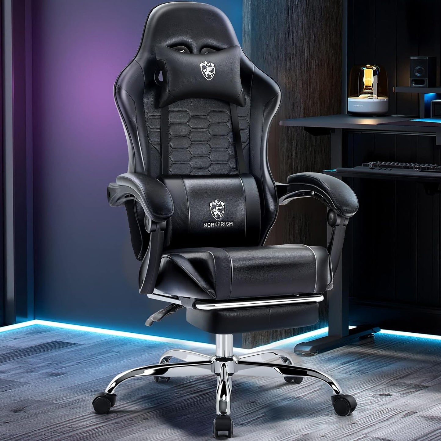 Gaming Chair,Computer Office Chair with Footrest,Massage Lumbar Support and Gel Pad,Ergonomic Reclining Adjustable Leather Gamer Chair with Headrest and Spring Cushion Black