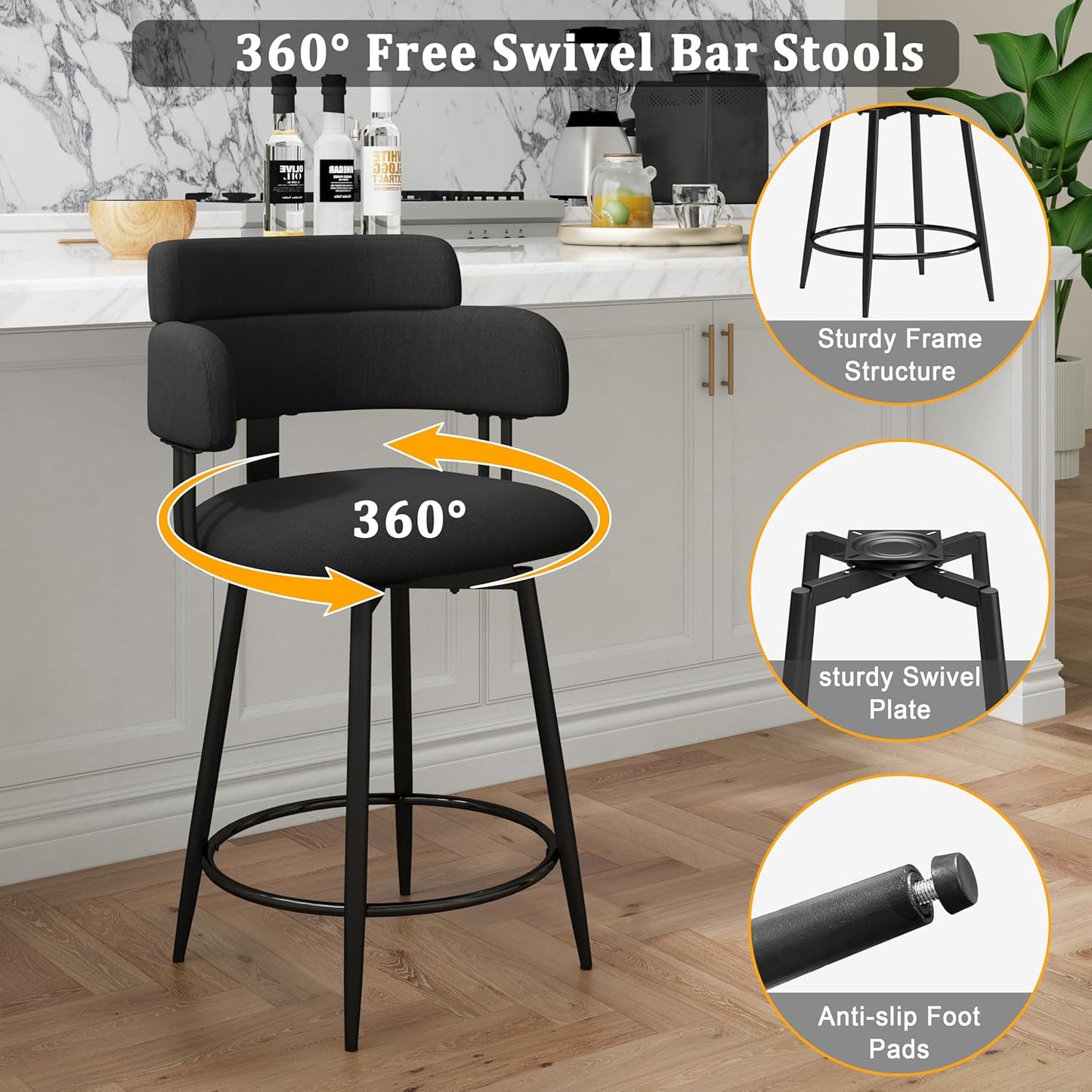 Swivel Bar Stools Set of 2, Counter Height Bar Stools with Ergonomic Full Back, Upholstered Linen Fabric Barstools with Chrome Metal Footrest for Kitchen Island, Dining Room