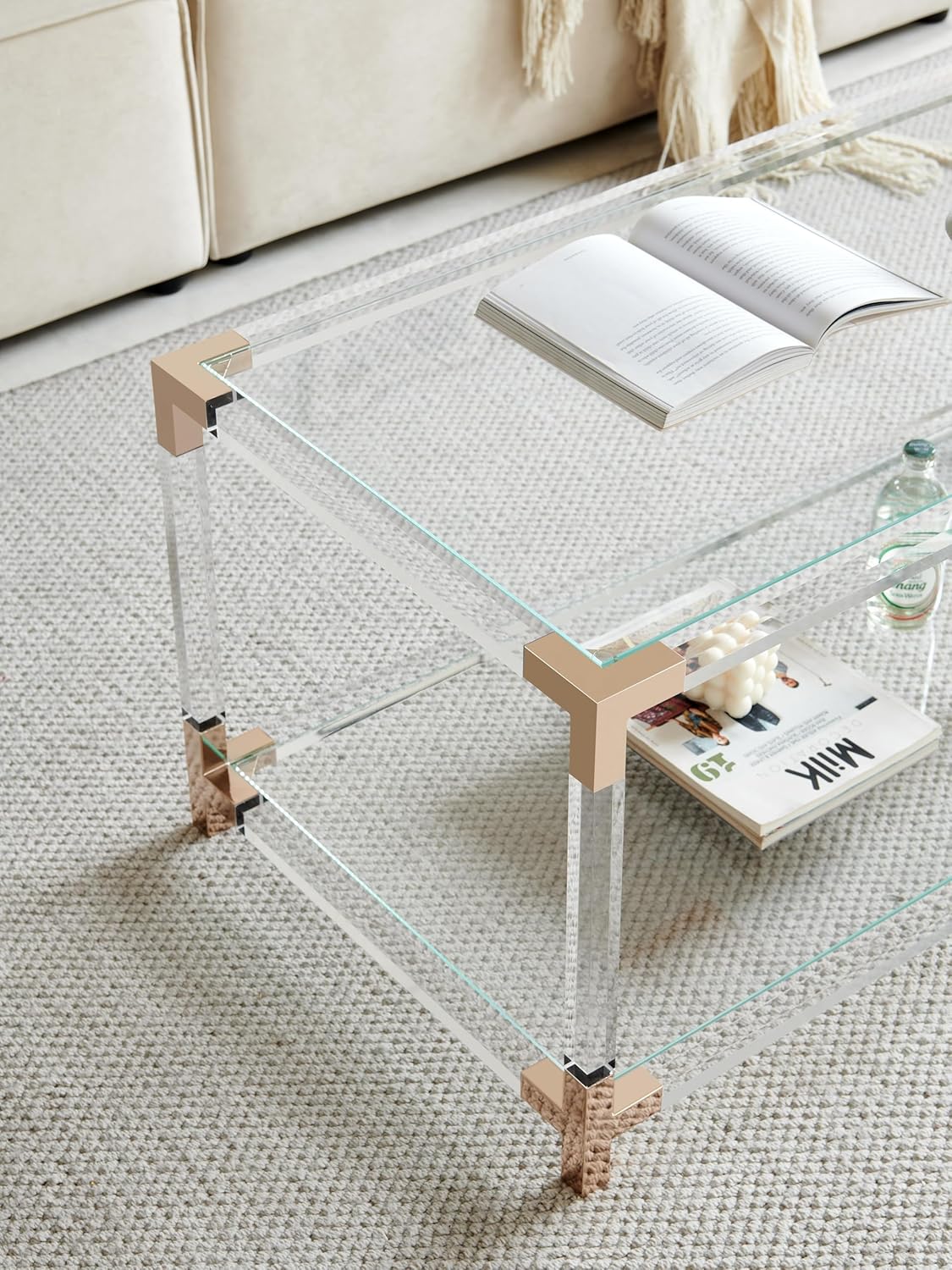 Saint Mossi Glass Coffee Table Living Room, Modern Double Layer Glass Living Table for Living Space, L41 x W21 x H16, Clear Glass Top, Clear Acrylic Leg & Rose Gold Frame