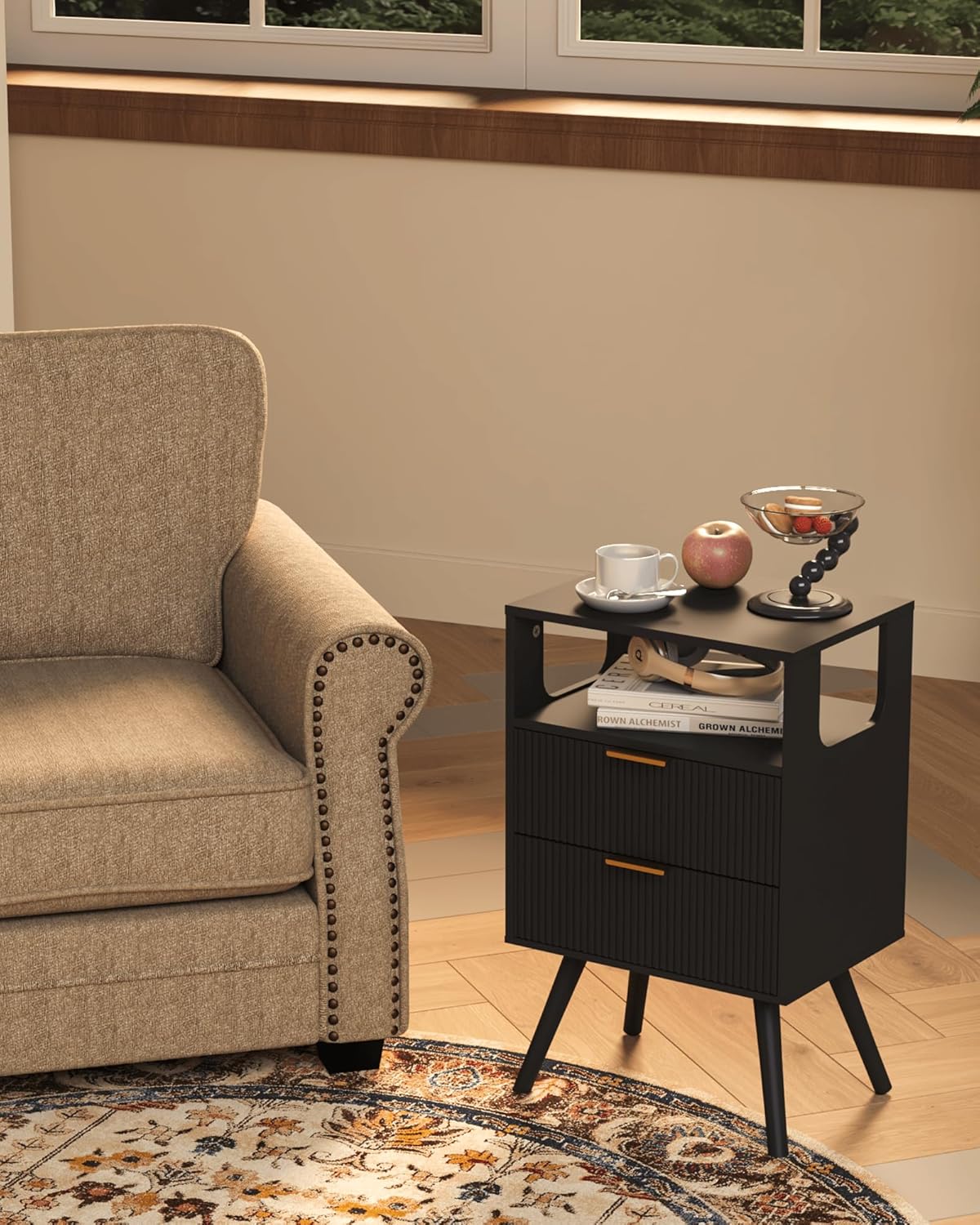 Black Nightstand,Modern Bedside Table with 2 Storage Drawer and Open Wood Shelf, for Bedroom and Small Spaces,Night Stand with Solid Wood Legs