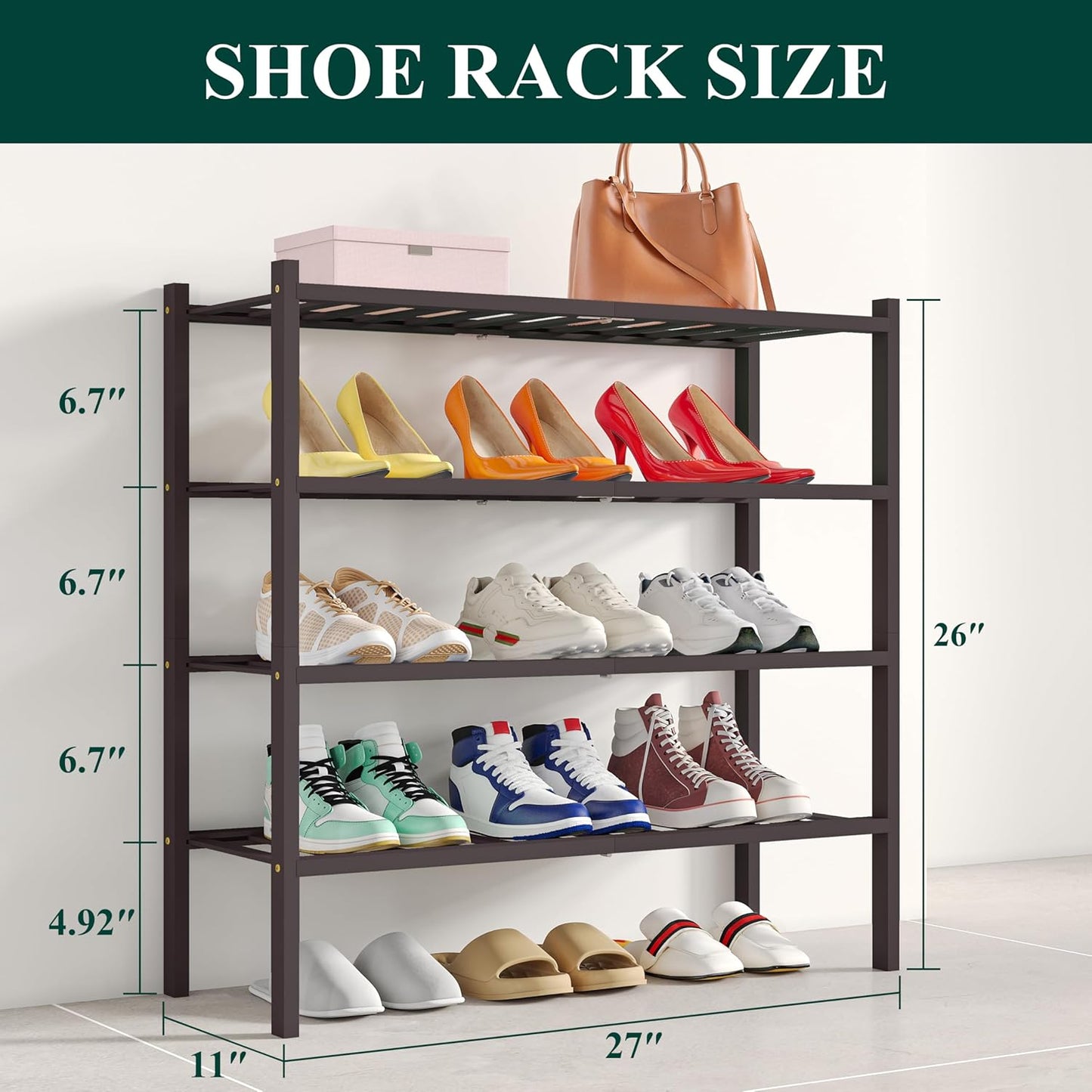 Smiry Shoe Rack, 4 Tier Bamboo Shoe Organizer, Stackable Free Standing Wooden Shoe Storage Shelf for Closet, Entryway, Front Door Entrance, Brown