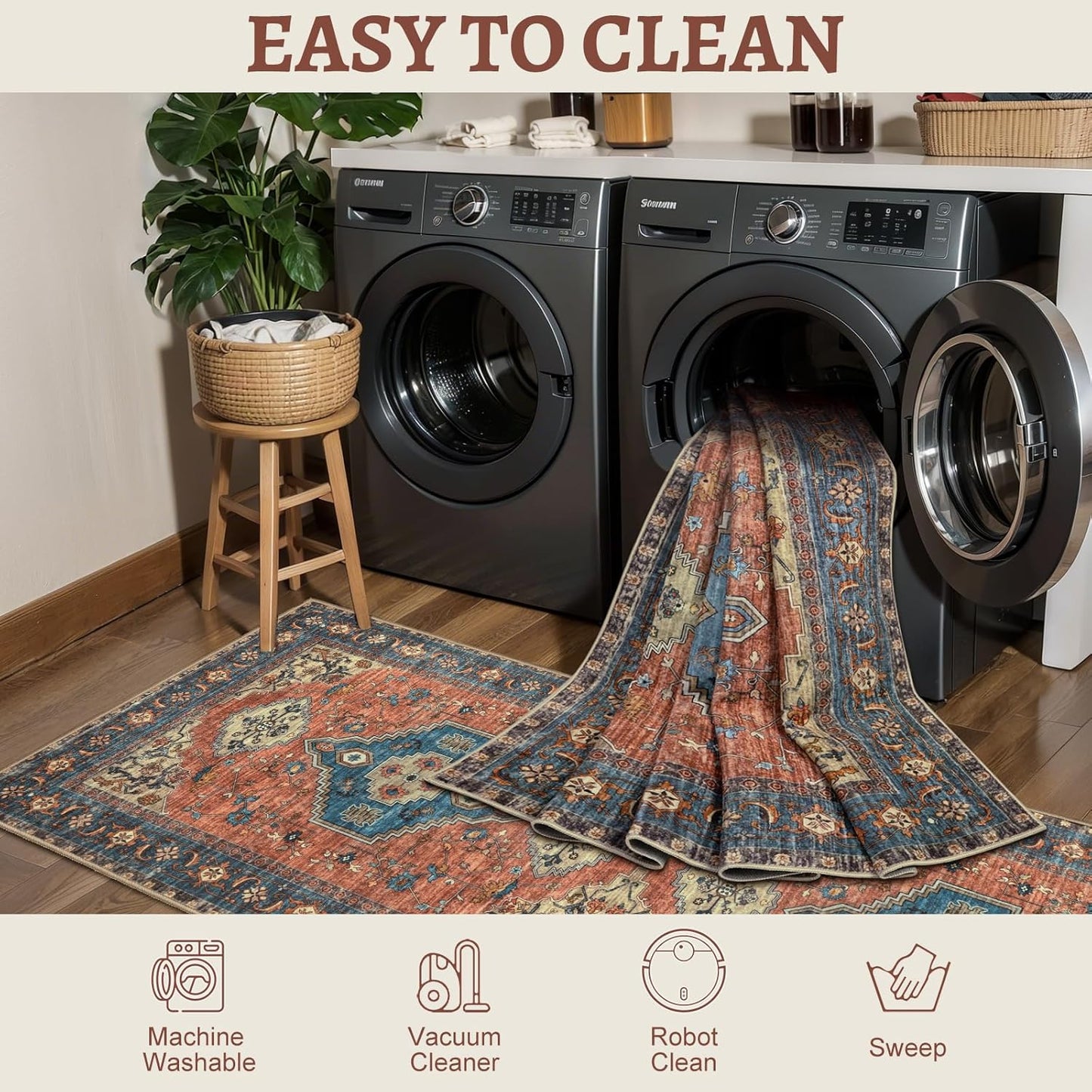 Tangsoo 5x7 Area Rug Washable Rug for Living Room, Vintage Indoor Non Slip Large Area Rugs, Print Distressed Rust Carpet, Soft Low Pile Foldable Floor Rug for Bedroom Dining Room Dorm Terracotta