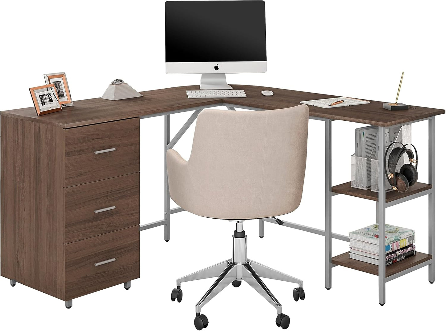 Techni Mobili L Shaped Desk - Two-Toned Computer Desk with Drawers & Storage Shelves - Simple Modern Furniture & Home Office Space Corner Table for Work & Writing