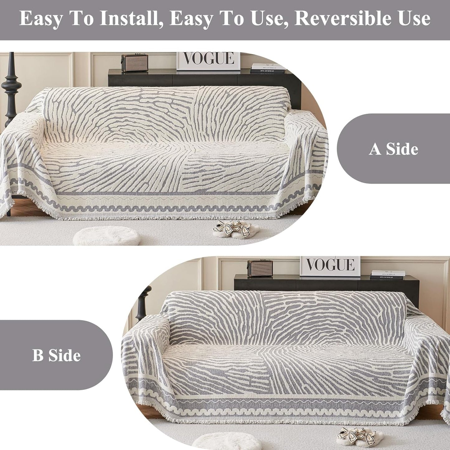 STACYPIK Modern Gray Geometric Sofa Cover, Anti-Slip Reversible Boho Dog Couch Cover, Washable Silpcover Protector for 2 Cushion Couch, Durable Loveseat Cover for Sectional, Multi-use Blanket-71X118IN