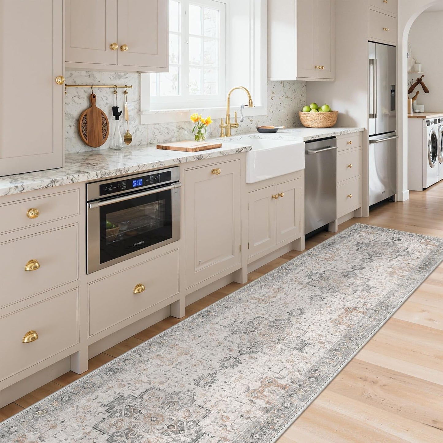 GENIMO Runner Rug 2'6''x12, Non Slip Vintage Hallway Runner Rugs, Low Pile Lightweight Machine Washable Mat for Hallway, Entryway, Bedroom, Kitchen and Corridor, Light Taupe Brown