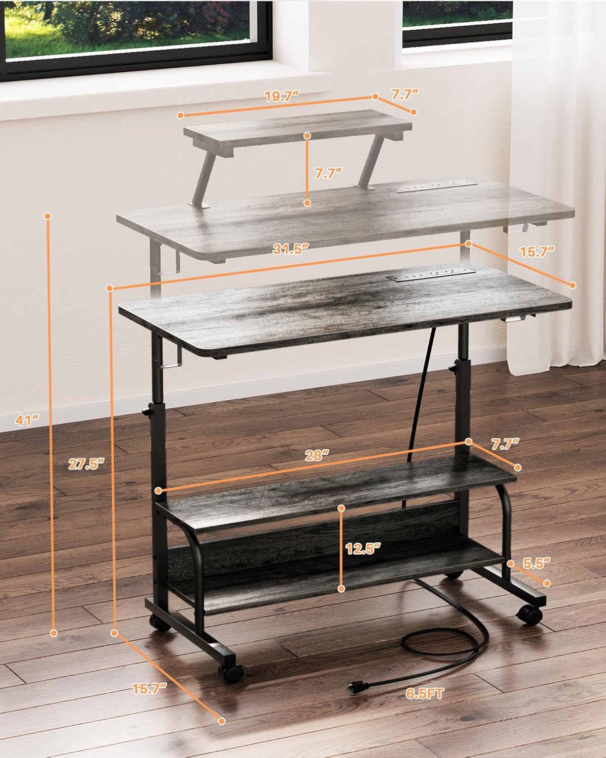 Height Adjustable Standing Desk with Power Outlets and LED Lights - 32" Manual Stand Up Desk with Monitor Stand and Storage Shelves Small Mobile Rolling Computer Desk Portable Laptop Table, Grey Oak