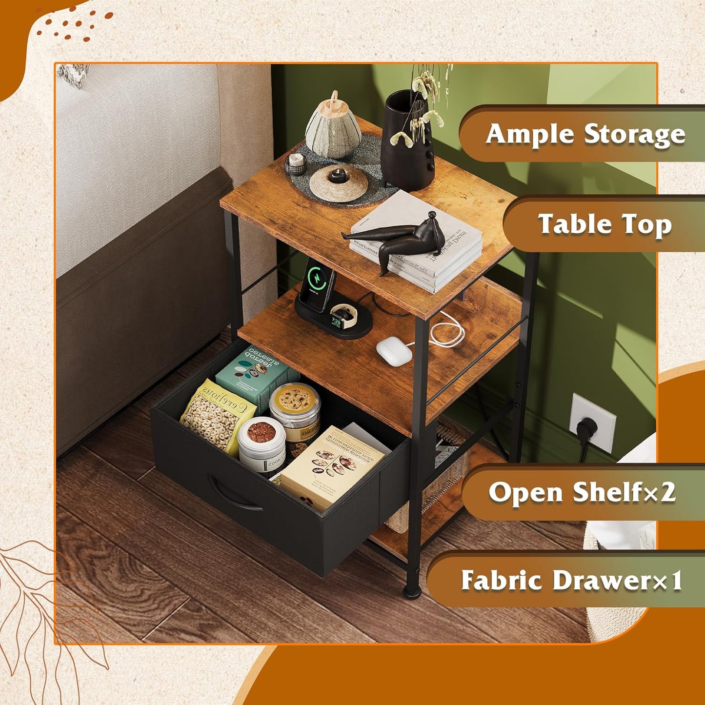WLIVE LED Night Stand, Nightstand with Charging Station, Small Bed Side Table with Fabric Drawer and Open Shelves, Tall End Table with USB Ports & Outlets, Black and Rustic Brown
