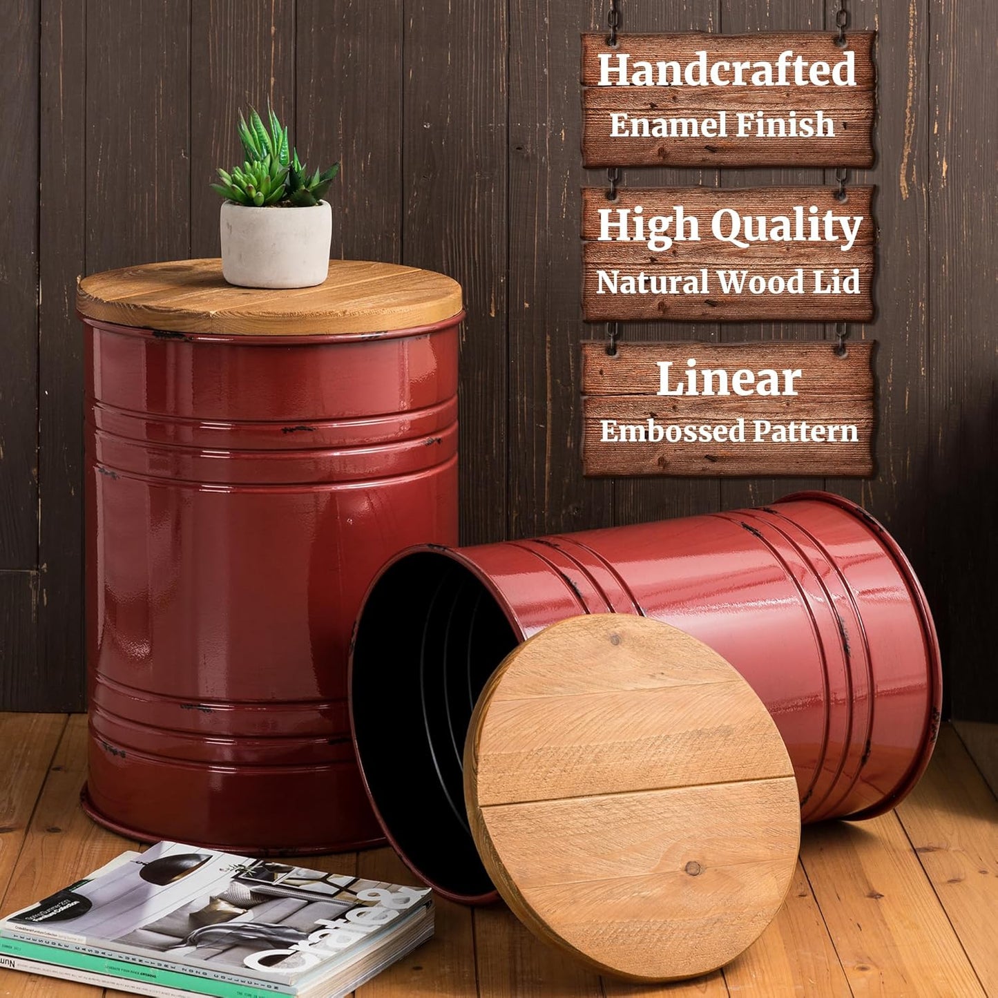 Glitzhome Farmhouse Accent Side Table, Metal Storage Stool Ottoman with Round Lid - Galvanized Coffee Cocktail End Tables Set of 2 for Living Room Bedroom, Red