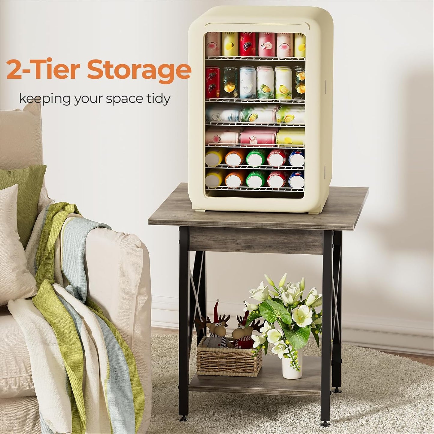 GreenForest End Table 24 inch for Living Room, Large Square Side Tables with X-Frame, Tall Industrial Bedside Nightstand with 2-Tier Storage, Gray Wash