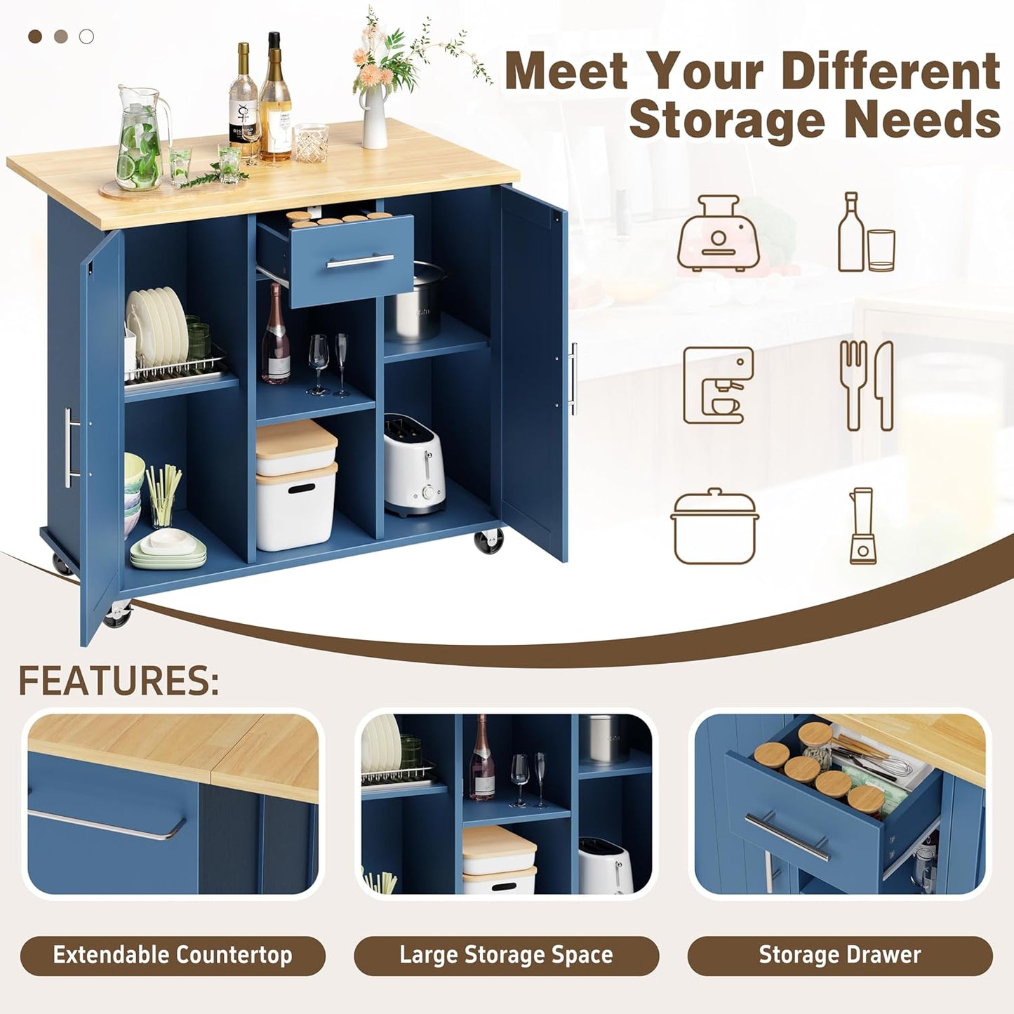 Shintenchi Kitchen Island with Storage, Bar Cart Cabinet Island Table on Wheels, Rolling Microwave Cart for Kitchen with Drop Leaf, Drawers, Towel Rack, Seating Area for Dining Room, Blue