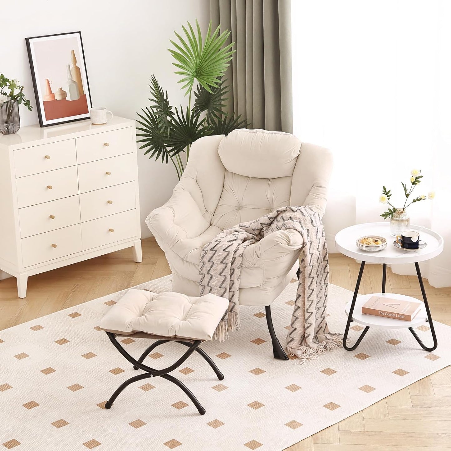 Lazy Chair with Ottoman, Modern Chair with Folding Footrest, Lounge Accent Chair, Comfortable Reading Chair, Oversized Armchairs for Bedroom, Study, Living Room, Courtyard (Beige)