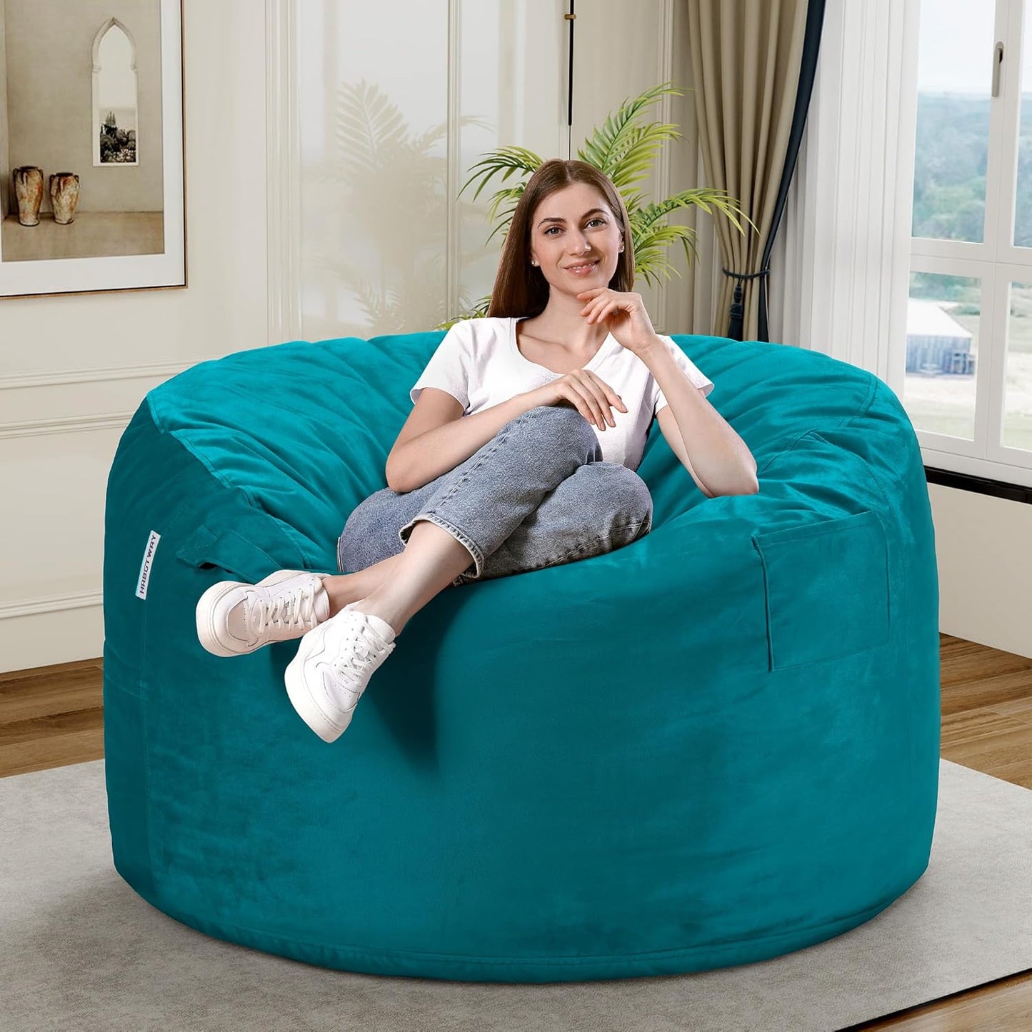 HABUTWAY Bean Bag Chair 3Ft Luxurious Velvet Ultra Soft Fur with High Rebound Memory Foam Bean Bag Chairs for Adults Plush Lazy Sofa with Fluffy Sponge 3' (Sea Blue)
