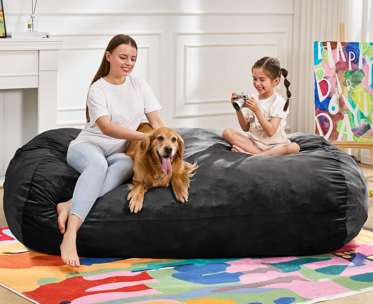 Hobestluk 6FT Bean Bag Chair Large Beanbag Lounger with Removable Cover Adult Bean Bag Chair with Portable Handle Desgin for Living Room Bedroom (Black, 6FT)