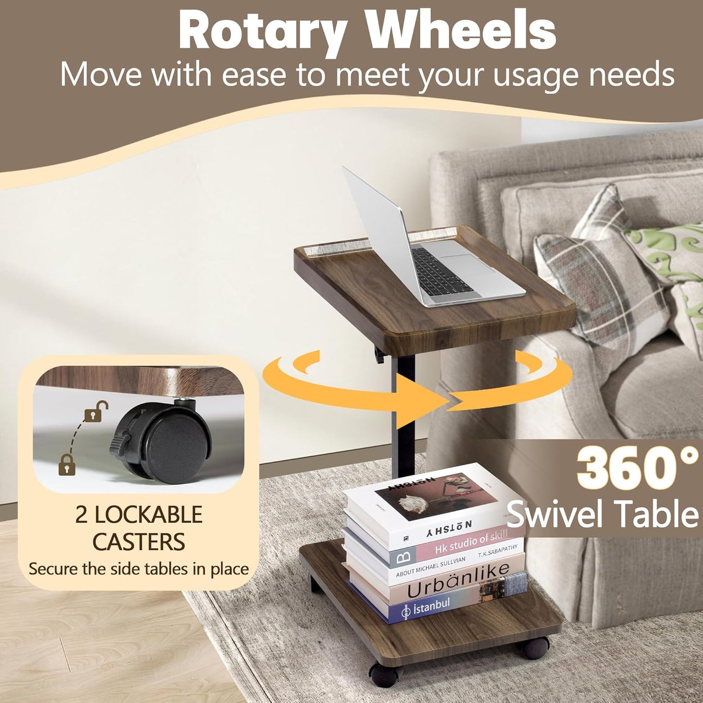 Aoligrace C Table End Table Adjustable Height, 360° Swivel Side Table with Wheels, Small TV Tray Table for Living Room Bedroom, Couch Tables That Slide Under for Sofa Bed Chair