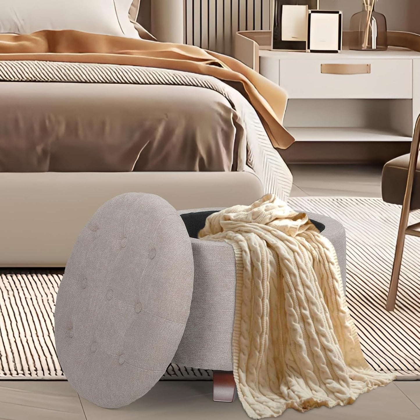 Athena Collection 20 Inch Small Ottoman with Storage, Round Linen Fabric Storage Ottoman with Removable Lid, Stylish Footstool Foot Rest for Living Room, Bedroom, Dorm, Khaki