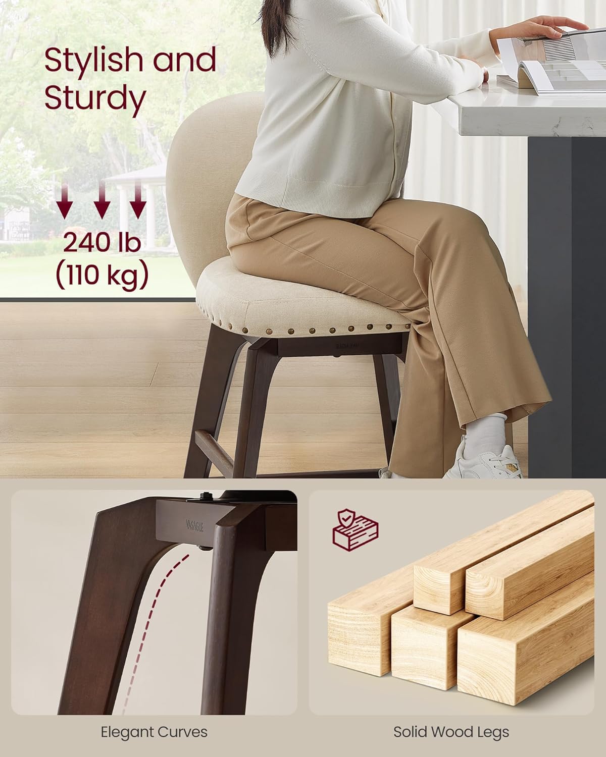 VASAGLE Bar Stools Set of 4, Swivel Counter Height Bar Stools with Back and Wood Legs, Chenille Fabric Upholstered Barstools, 26.2-Inch Tall Counter Barstools for Kitchen Island, Cappuccino Beige