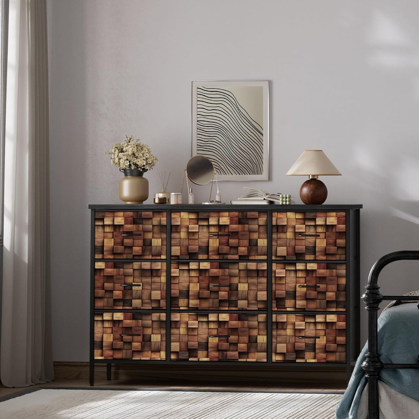 TV Stand with 9 Drawers, Chest of Drawers with Fabric Bins, Black Wood Top Dresser for Bedroom, Storage Organizer Cabinet for Closet (Brown)