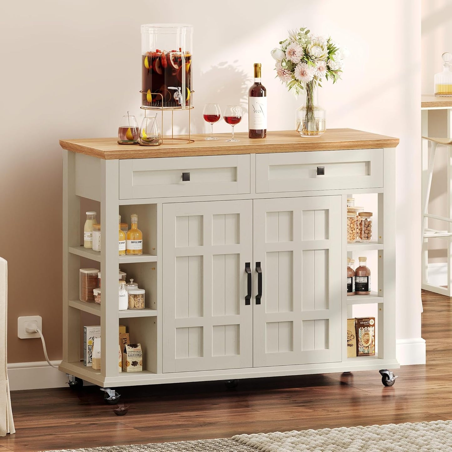 DWVO Kitchen Island with Storage Cabinet, Farmhouse Rolling Island Table on Wheels, Americana Mobile Storage Islands with Open Shelves, Drawers for Living Room, Dining Room, Off White