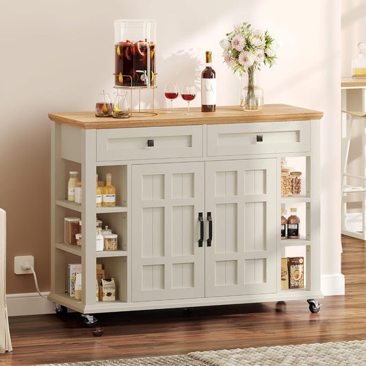 DWVO Kitchen Island with Storage Cabinet, Farmhouse Rolling Island Table on Wheels, Americana Mobile Storage Islands with Open Shelves, Drawers for Living Room, Dining Room, Off White