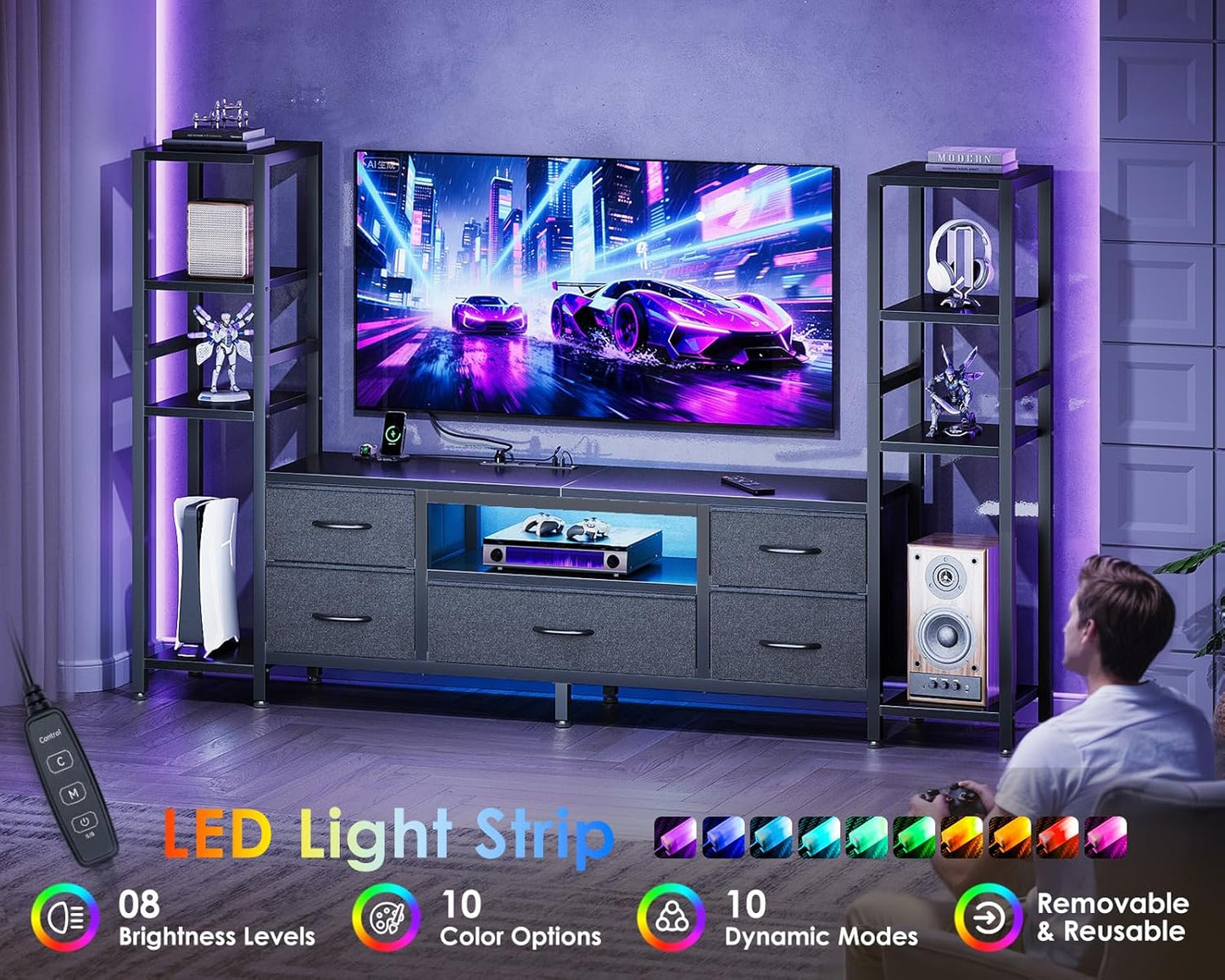 Casaottima 71" TV Stands for 43, 50, 55 Inch TV Entertainment Center with LED Lights and Power Outlets, TV Stand for Living Room with 5 Fabric Drawers & Shelf, TV Console Cabinet for Bedroom, Black