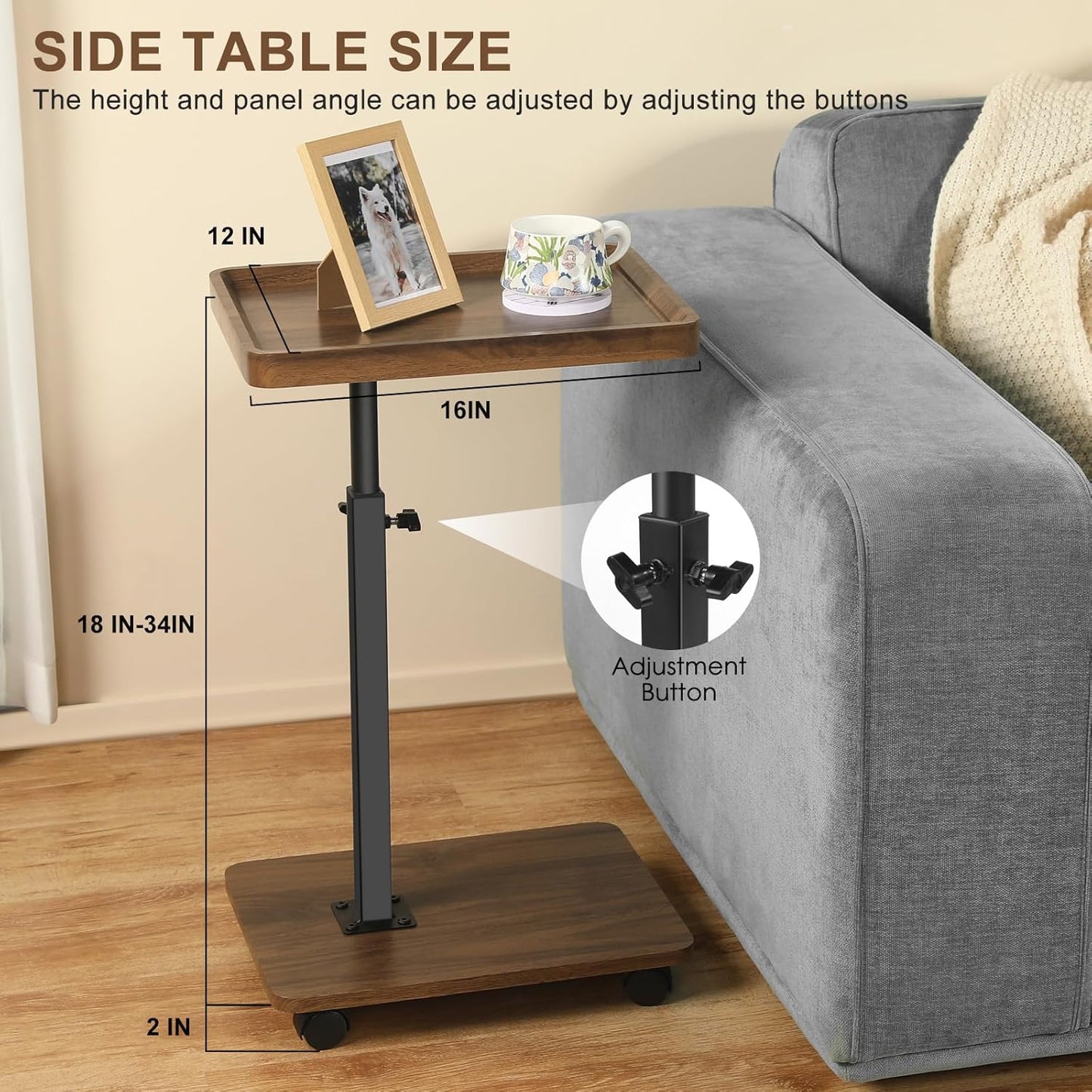 Adjustable Height Couch Tables That Slide Under Sofa, 360° Swivel Modern Tv Tray Table with Wheel, C Shaped End Table for Couch, C Table for Small Place, Perfect for Livingroom, Bedroom