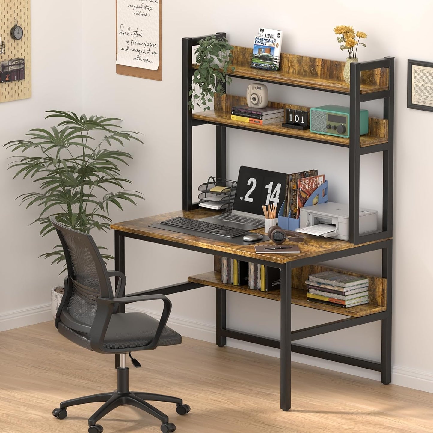 Aquzee Computer Desk with Hutch, 47“W x 23.6" D Desk with Shelves, Tall Home Office Desk with Bookshelf, Metal Legs Study Table with Upper Storage Shelf for Study Writing/Workstation