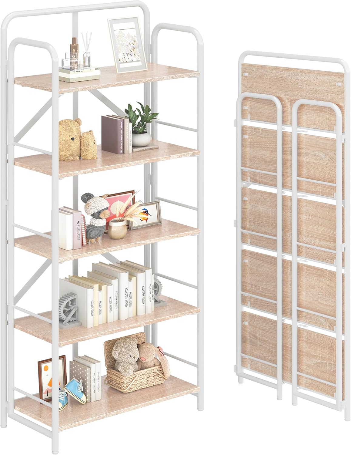 4NM No Assembly Folding Bookshelf 5 Tiers Vintage Industrial White Book Shelf Metal Foldable Storage Bookcase and Bookshelves for Living Room,Bedroom and Kitchen - Natural