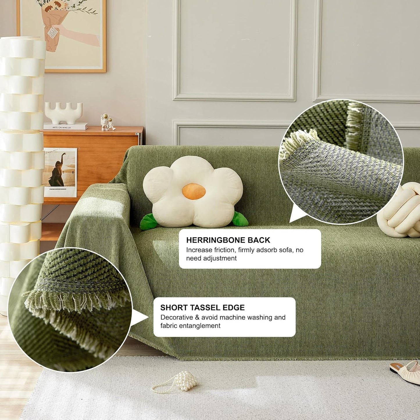 STACYPIK Christmas Matcha Green Sofa Cover Chenille Couch Covers Herringbone Sofa Covers for 2 Cushion Couch Thick Couch Covers Blanket Scratch Resistant Furniture Cover for Kids Dogs Decor-91X118IN