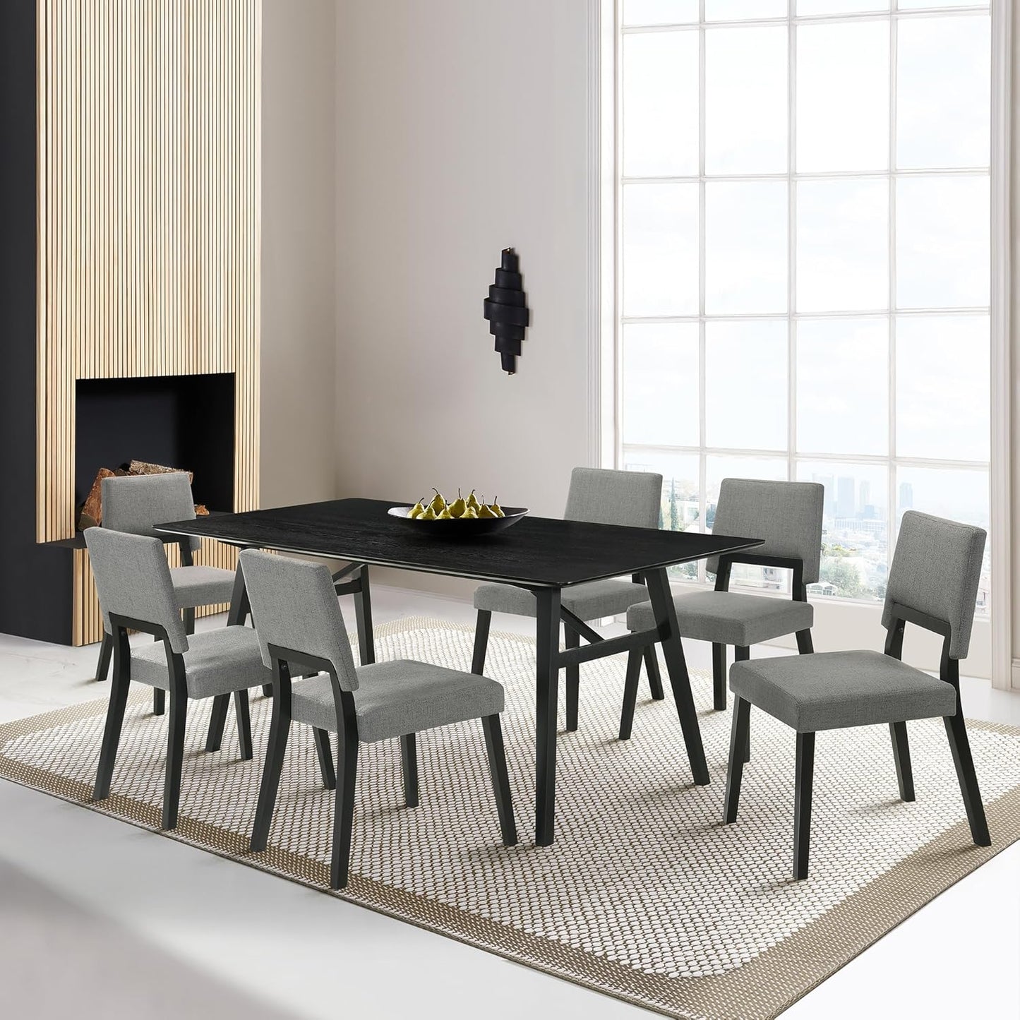 Armen Living Channell Mid Century Modern 7 Piece Black Wood Dining Table Set with Charcoal Fabric
