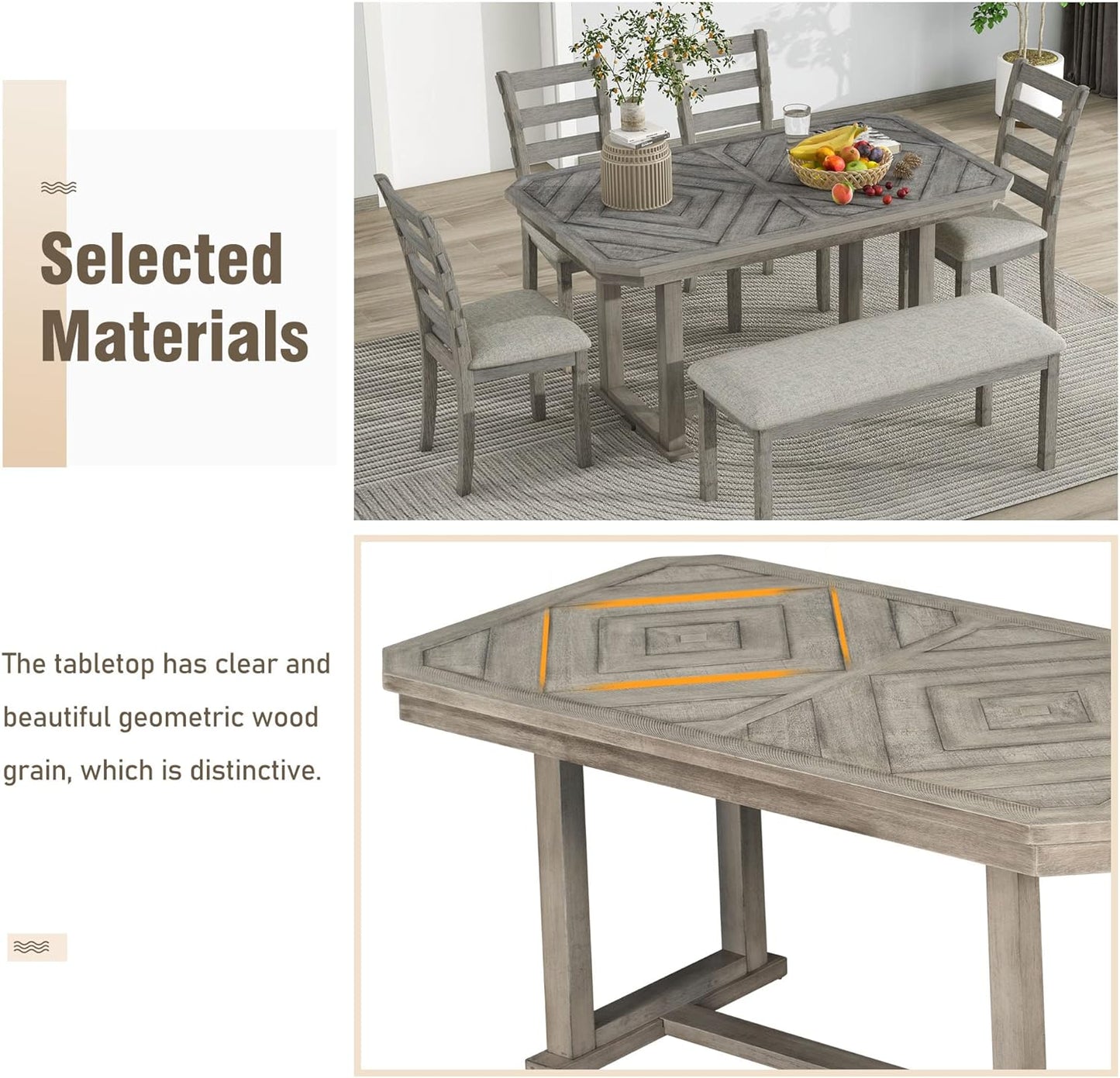 Merax 6-Piece Rubber Wood Dining Table Set with 4 Cushioned Chairs and Bench, Beautiful Wooden Grain Pattern Tabletop, Grey