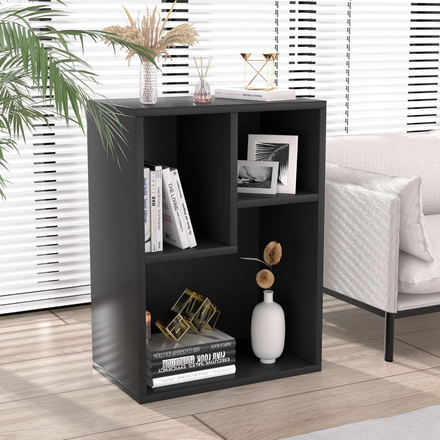 VECELO 3-Cube Small Bookshelf, Modern Bookcases with Shelves Height Up to 12.8 Inches, Suit for Common Size Textbook, Vertical or Horizontal, Cubby Storage Organizer,Vintage Black
