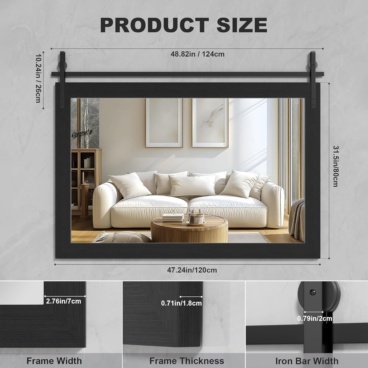 Hasipu Farmhouse Bathroom Mirror, 48"x32" Rustic Wood Framed Wall Mounted Mirror, Black Vintage Vanity Mirror Barn Door Style Decrative Mirrors