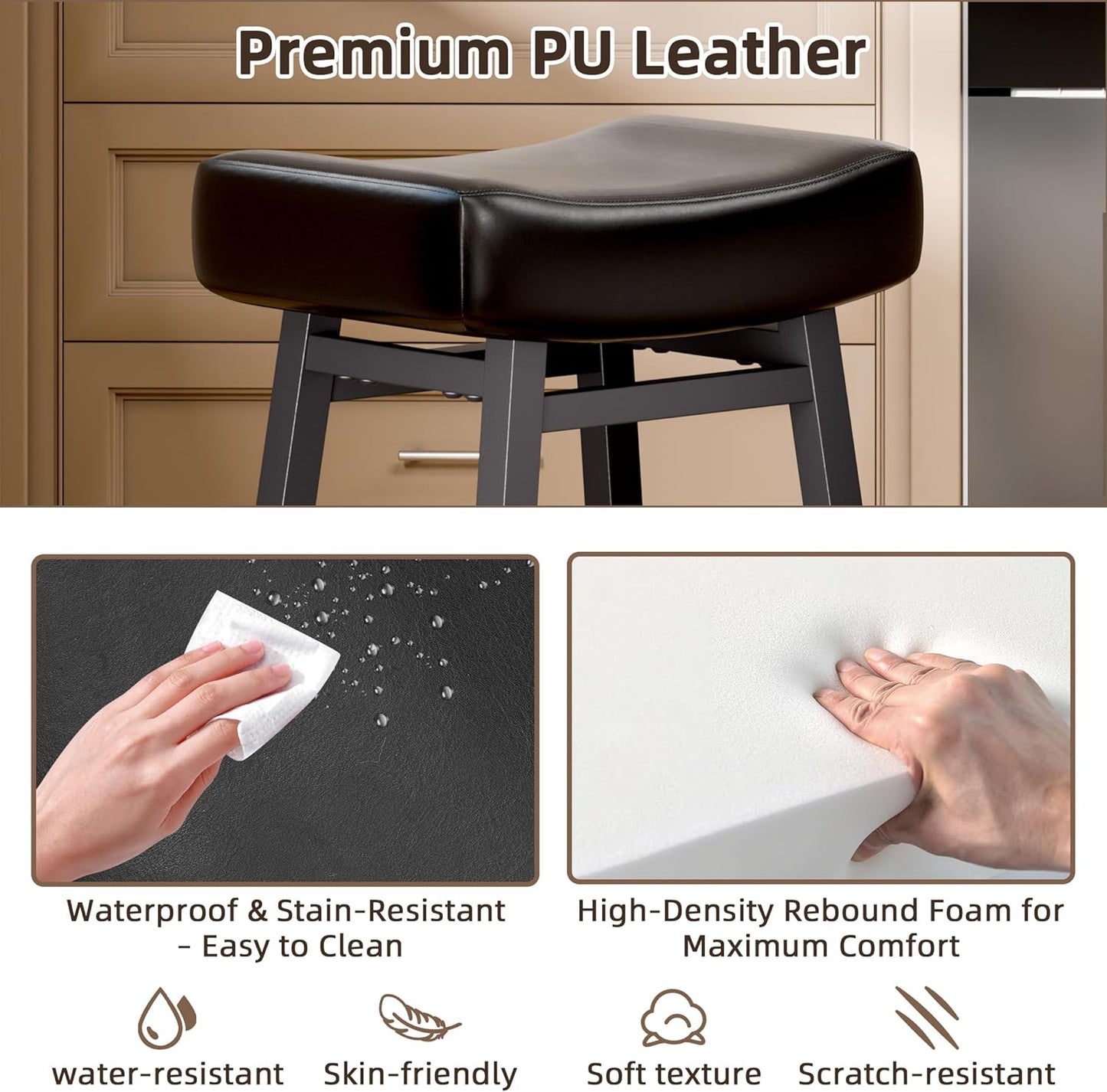 Counter Height Bar Stools Set of 2, 24 Inch Backless BarStools for Kitchen Island Leather Saddle Bar Chairs Kitchen Stools with 4" Thick Seats & Heavy Duty Metal Base, Black