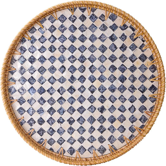 Round Rattan Tray with Mother of Pearl Inlay, Rattan Serving Tray with Wooden Base, Decorative Wicker Basket for Table Decor, Storage and Display of Coffee Bread Food Fruit (Checkerboard 11.8")