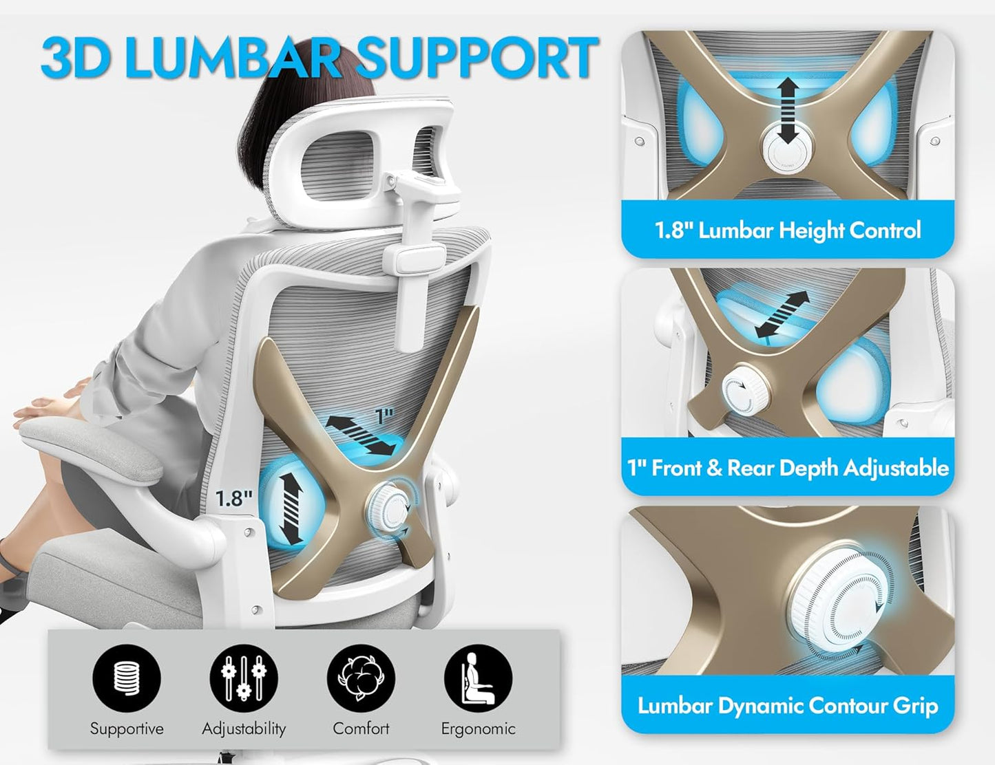 Ergonomic Office Chair - X-Shaped Computer Desk Chair Comfy, Gaming Chair, Office Chair with Lumbar Support, Mesh Office Chairs with Headrests, Desk Chair for Long Hours (Grey Gold)