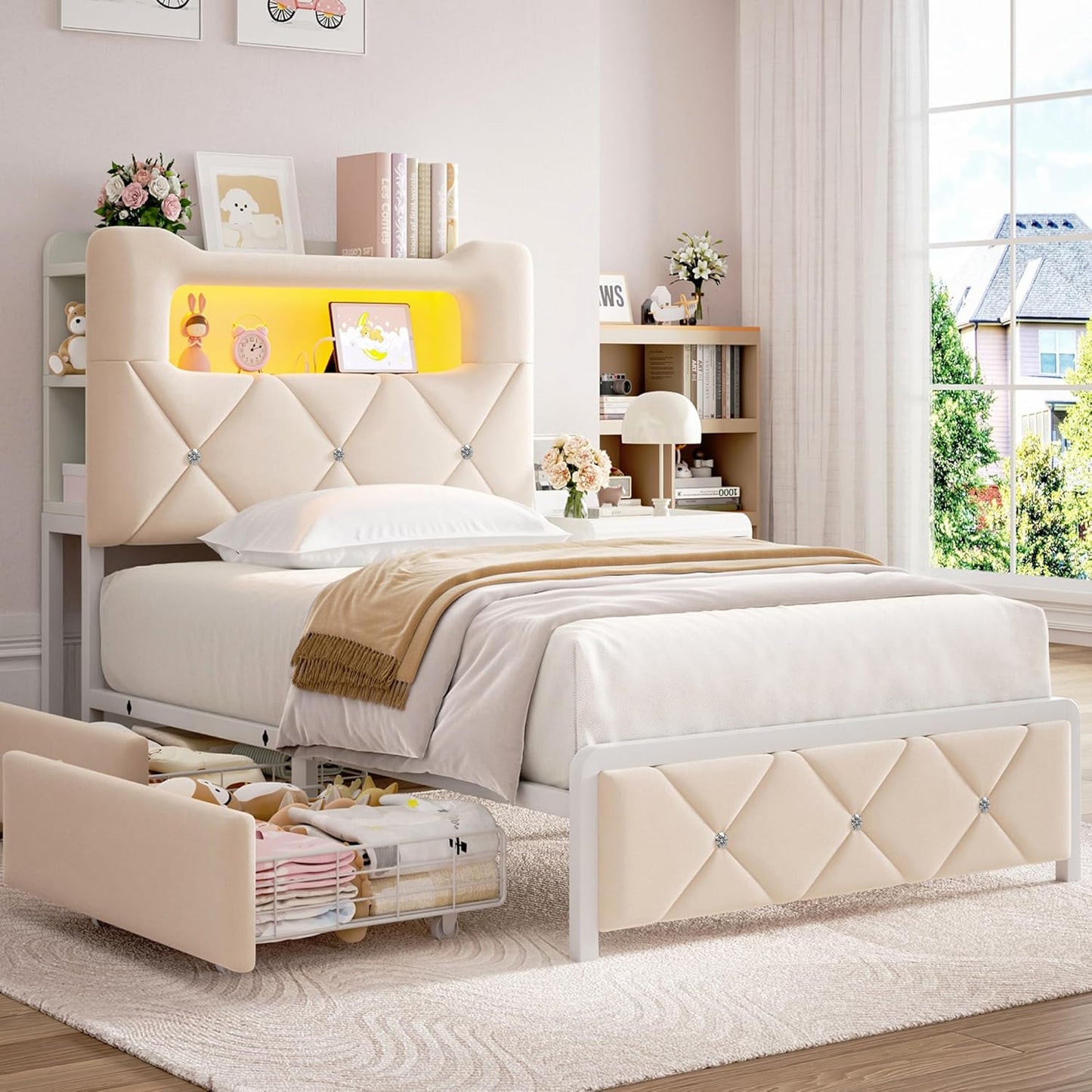 Twin Upholstered LED Bed Frame with 2 Storage Drawers and 2-Tier Storage Bookcase Headboard, Velvet Princess Platform Bed for Kids/Girls/Boys, Corner Bed Frame, Heavy Duty Metal Support, Beige