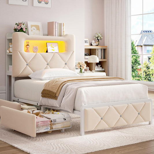 Twin Upholstered LED Bed Frame with 2 Storage Drawers and 2-Tier Storage Bookcase Headboard, Velvet Princess Platform Bed for Kids/Girls/Boys, Corner Bed Frame, Heavy Duty Metal Support, Beige