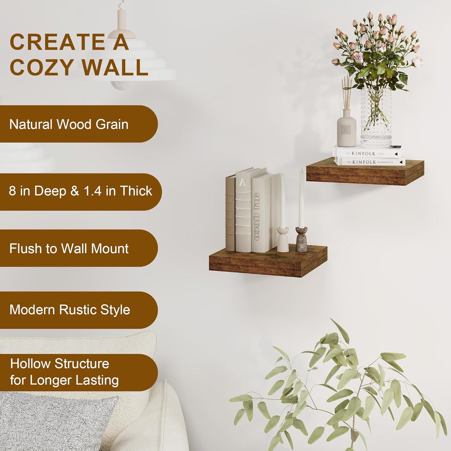 Fun Memories Floating Shelves, 8 Inch Deep Floating Shelves for Wall, 8 x 8 Wall Shelves, Rustic Wood Floating Shelf for Living Room, Bedroom, Bathroom, Rustic Brown Color, Set of 2